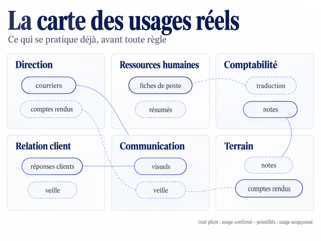 Carte des usages réels de l’IA dans six services, direction, ressources humaines, comptabilité, relation client, communication et terrain : courriers, comptes rendus, fiches de poste, traduction, notes, réponses clients, visuels, veille. Trait plein pour un usage confirmé, pointillés pour un usage soupçonné.