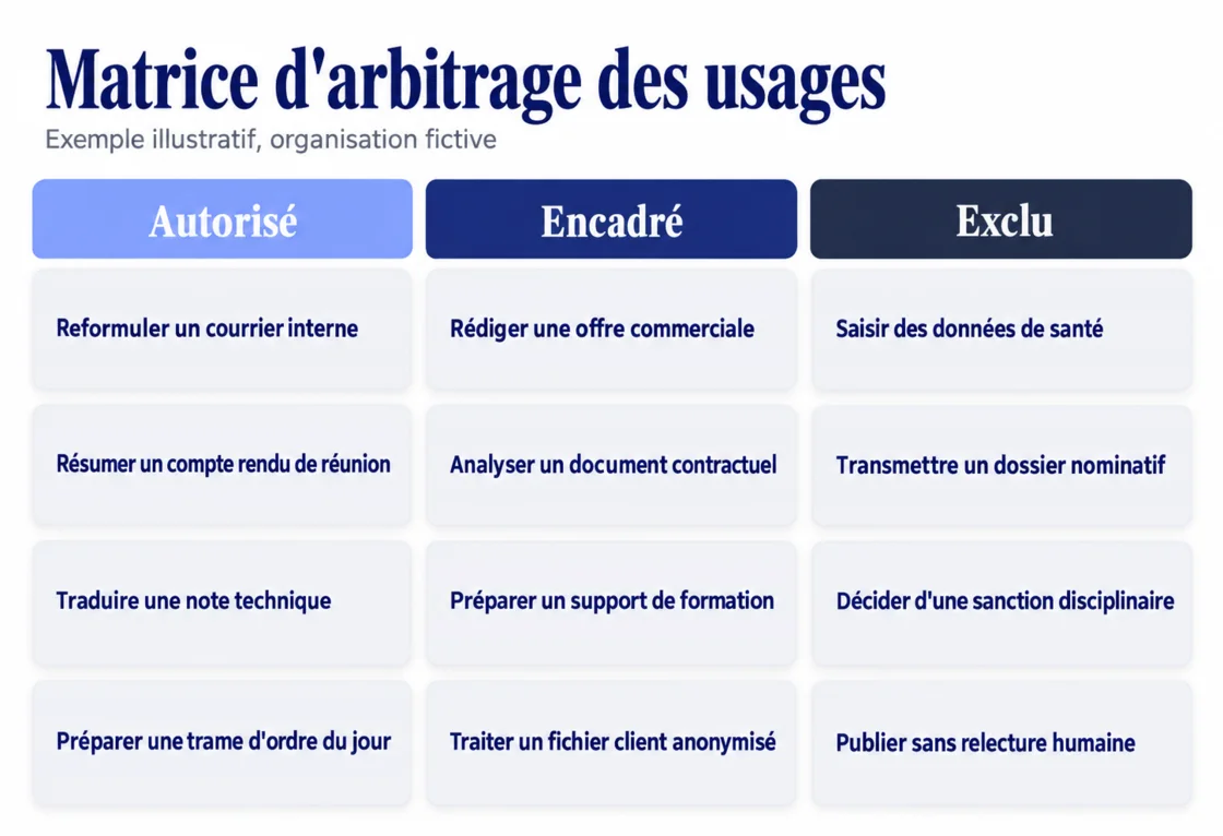 Matrice d’arbitrage en trois colonnes. Autorisé : reformuler un courrier interne, résumer un compte rendu de réunion, traduire une note technique, préparer une trame d’ordre du jour. Encadré : rédiger une offre commerciale, analyser un document contractuel, préparer un support de formation, traiter un fichier client anonymisé. Exclu : saisir des données de santé, transmettre un dossier nominatif, décider d’une sanction disciplinaire, publier sans relecture humaine.