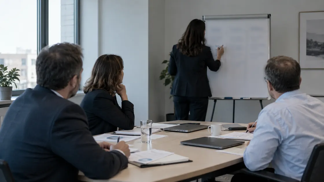 Comité de direction réuni autour d’une table : une dirigeante note les décisions au paperboard pendant que trois membres l’écoutent.