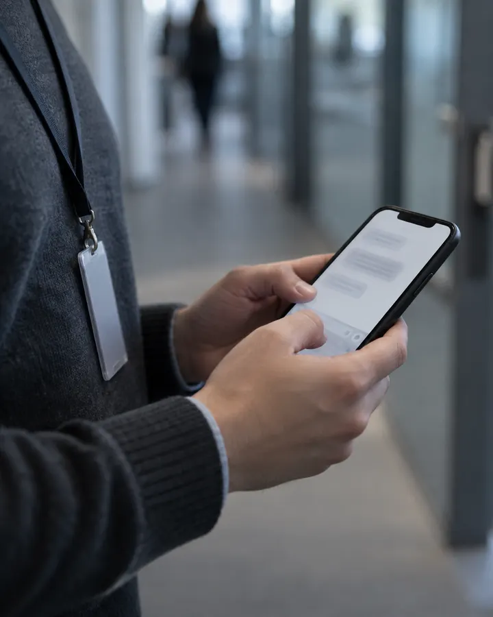 Un salarié, badge professionnel autour du cou, consulte une conversation d’IA sur son téléphone dans un couloir de bureau, hors de son poste de travail.